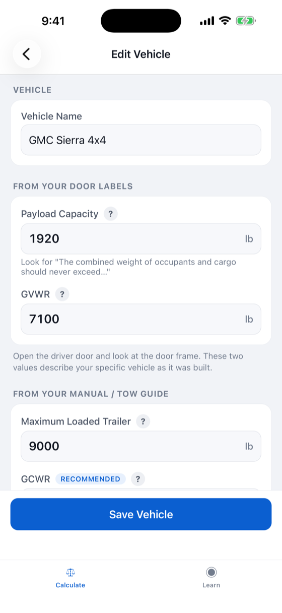 Entering vehicle payload capacity and GVWR in TowLoadCheck