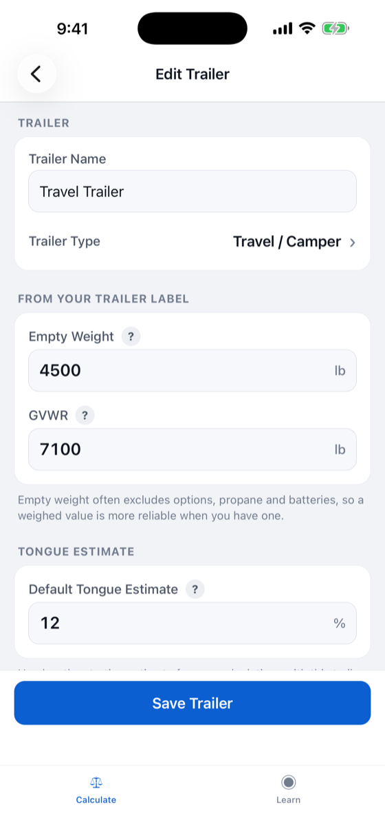 Entering trailer weight and payload details in TowLoadCheck