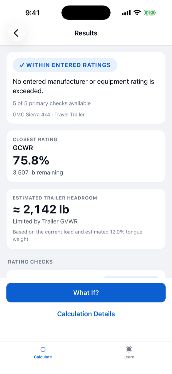 TowLoadCheck results screen confirming the load is within ratings