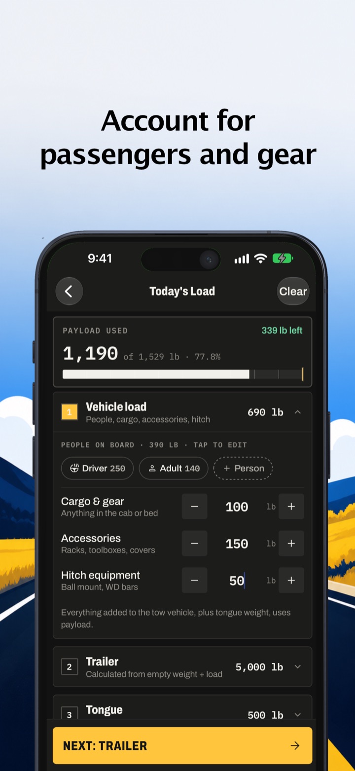 “Account for passengers and gear” — TowLoadCheck Today’s Load screen adding the driver, a passenger, cargo, accessories and hitch equipment, with 1,190 of 1,529 lb payload used
