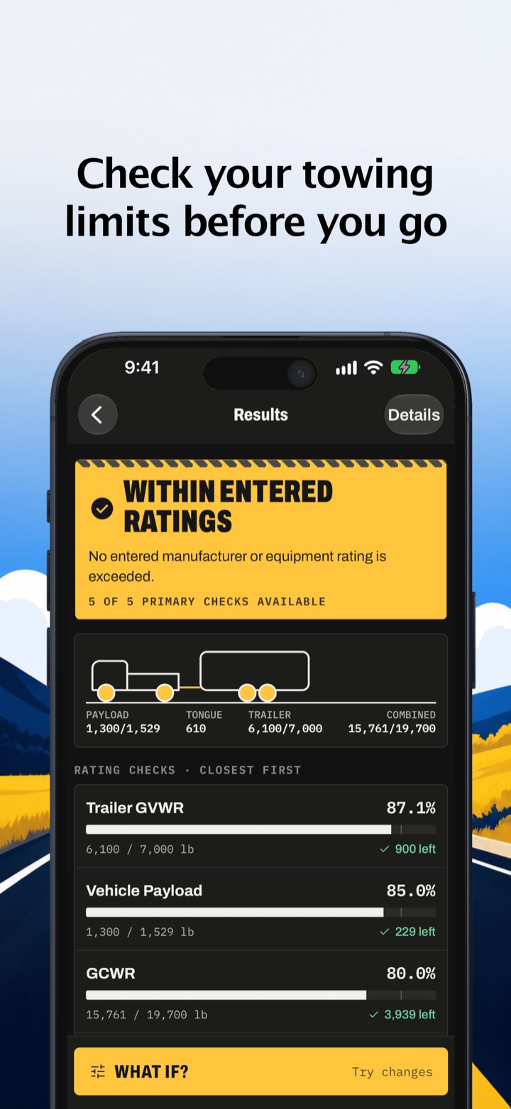 “Check your towing limits before you go” — TowLoadCheck results screen showing Within Entered Ratings, with trailer GVWR at 87.1%, vehicle payload at 85.0% and GCWR at 80.0%, closest limit first